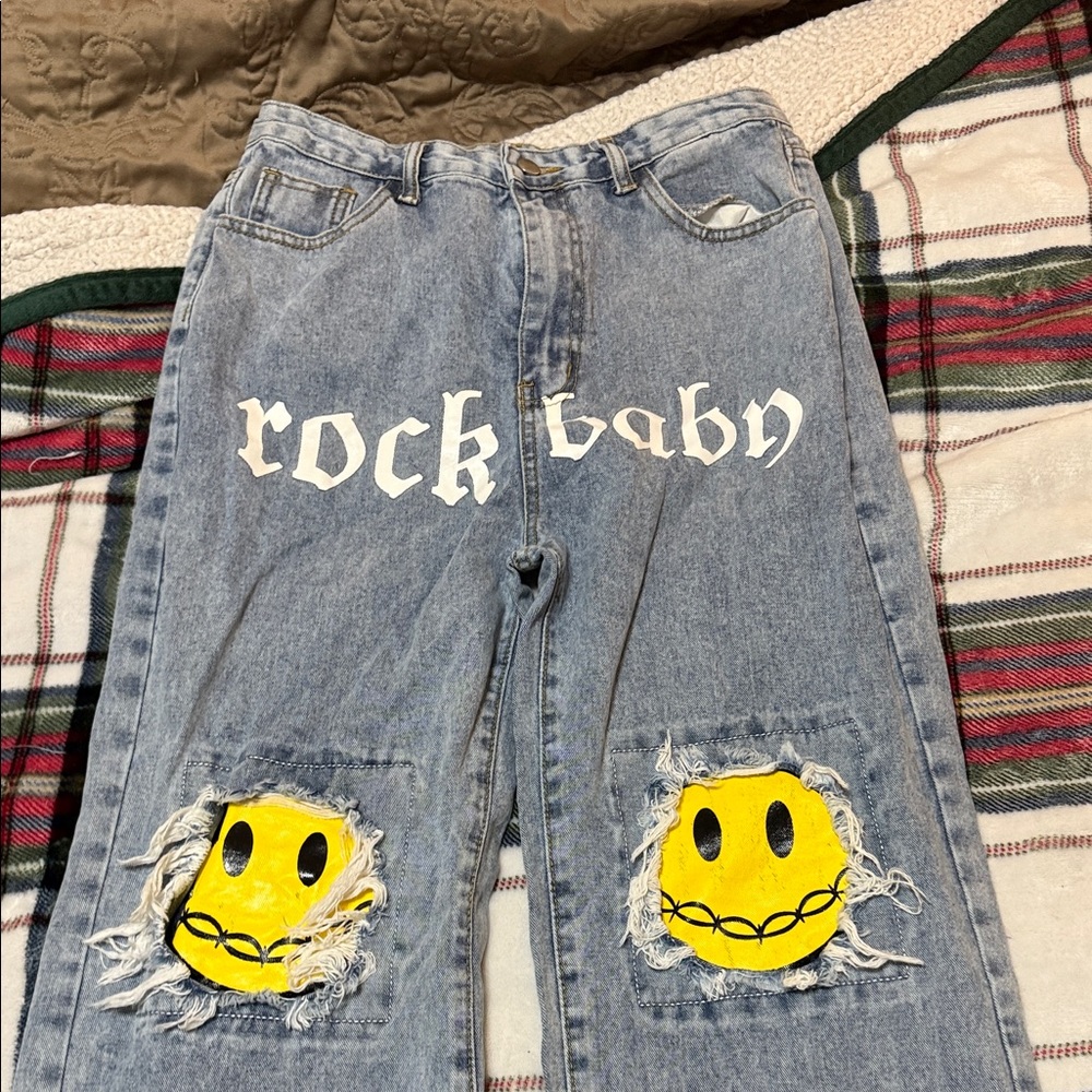 SHEIN Distressed Blue Jeans with Yellow Smiley Patches